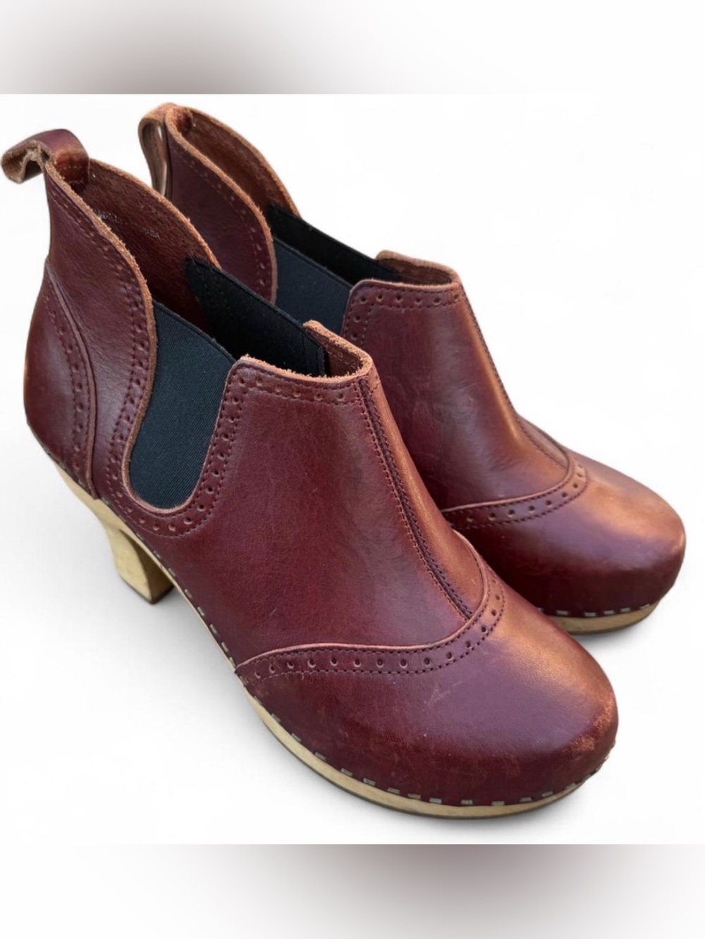 Swedish Hasbeens Toffel Chelsea Clog Boots EU 37 Burgundy Leather Wood Heel